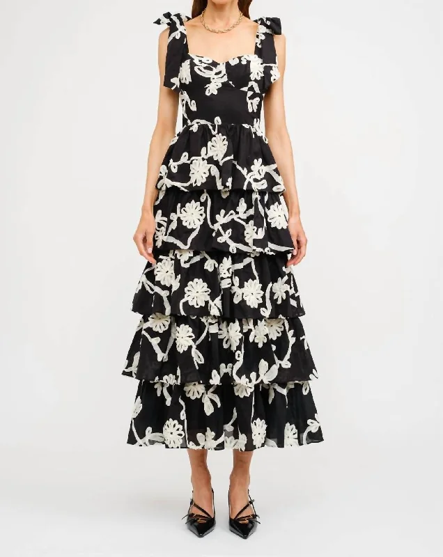 Floral Midi Dress In Black Elegant Floral Skirt Midi Dress