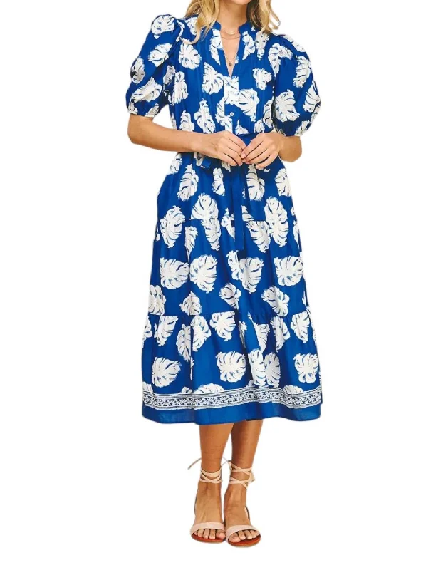 Floral Print Tiered Midi Dress In Blue Fashionable Floral Embroidery Midi Dress