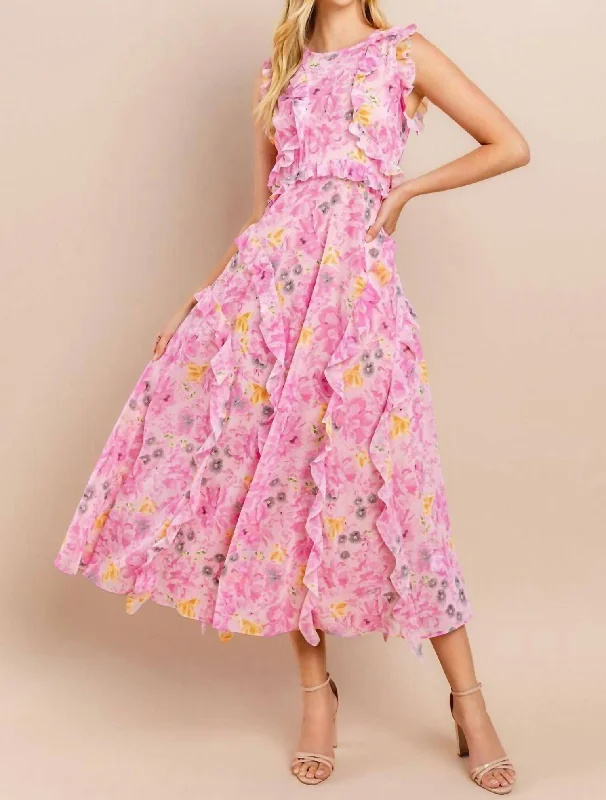 Floral Printed Midi Dress In Pink Fashionable Pencil Midi Dress