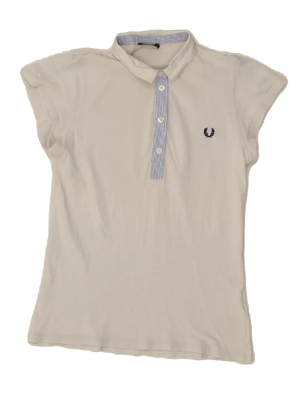 FRED PERRY Womens Polo Shirt UK 12 Medium White Cotton Cozy Summer Short Shirt