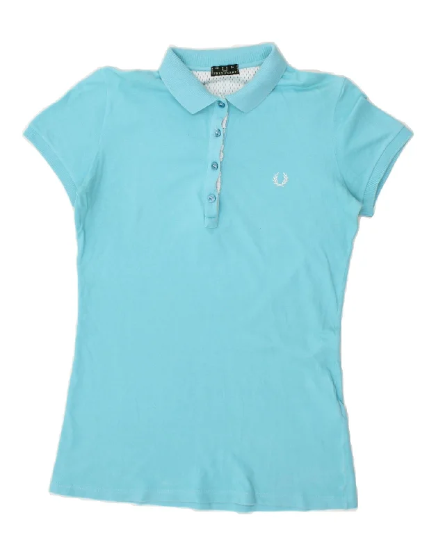 FRED PERRY Womens Polo Shirt UK 14 Large Blue Cotton Fashionable Draped Short Sleeve