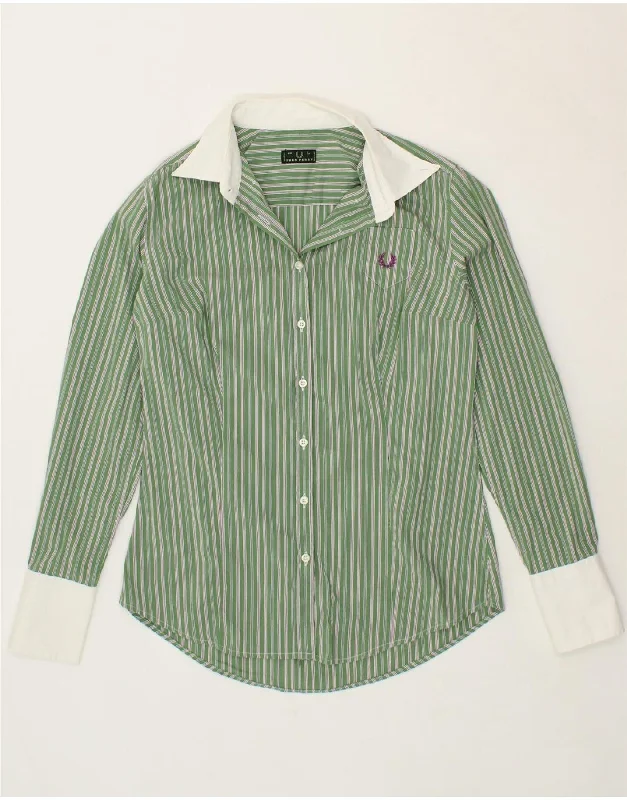 FRED PERRY Womens Shirt UK 14 Large Green Pinstripe Trendy Floral Print Tee