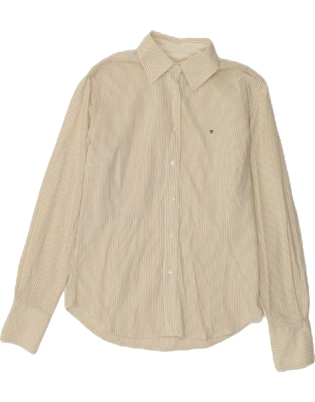 GANT Womens Shirt UK 14 Large Beige Pinstripe Cotton Elegant Off-Shoulder Short Shirt