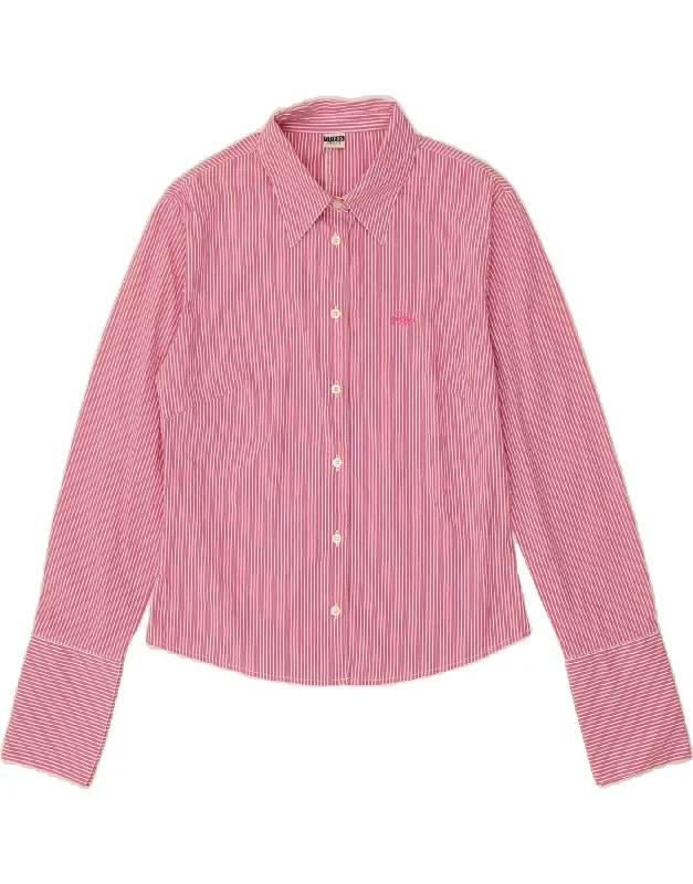 GUESS Womens Shirt UK 12 Medium Pink Striped Cotton Casual Boxy Short Shirt