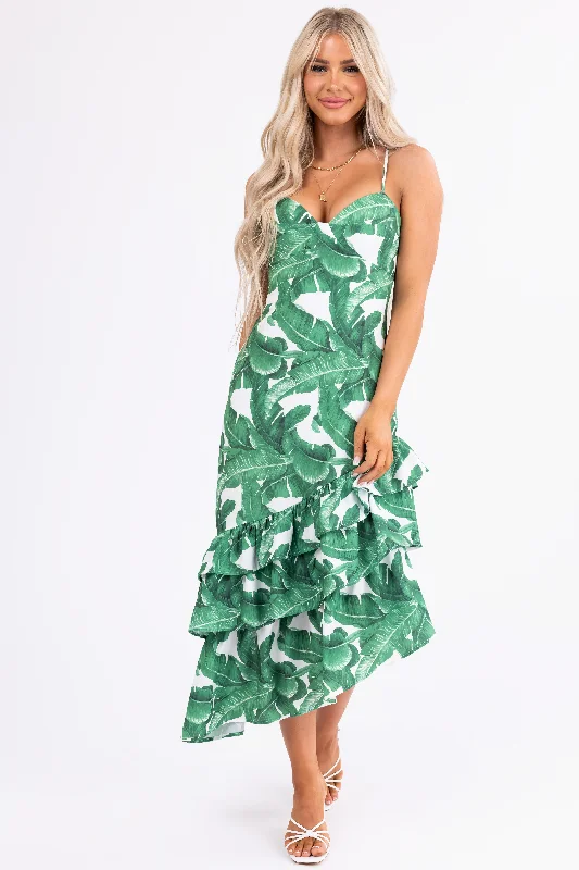 Ivory and Hunter Green Leaf Print Midi Dress Fashionable Pleated Midi Dress