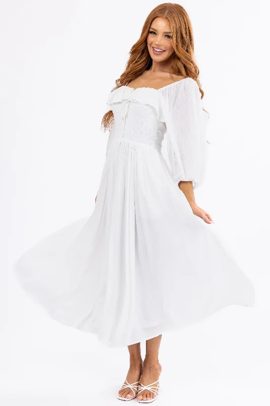 Ivory Smocked Top 3/4 Sleeve Midi Dress Fashionable Shift Midi Dress