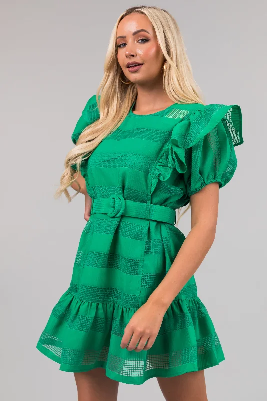 Kelly Green Ruffle Belted Waist Striped Mini Dress Elegant Lace-Up Mini Dress