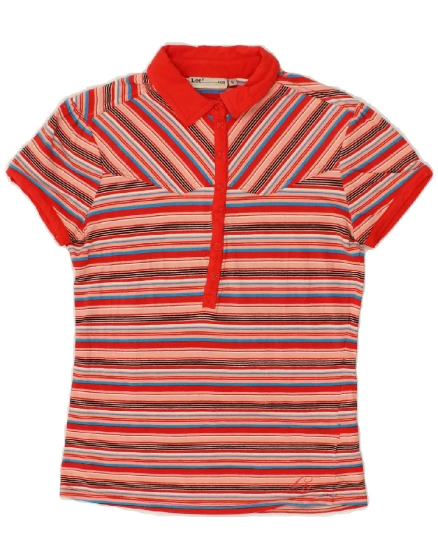 LEE Womens Polo Shirt UK 10 Small Red Striped Cotton Casual Oversized Short Shirt