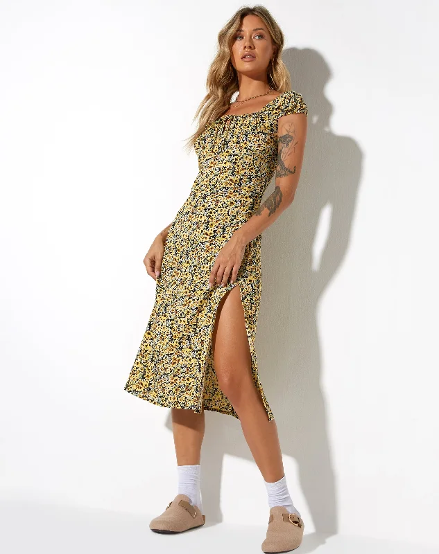 Lona Midi Dress in Spring Ditsy Yellow Fashionable Floral Embroidery Midi Dress