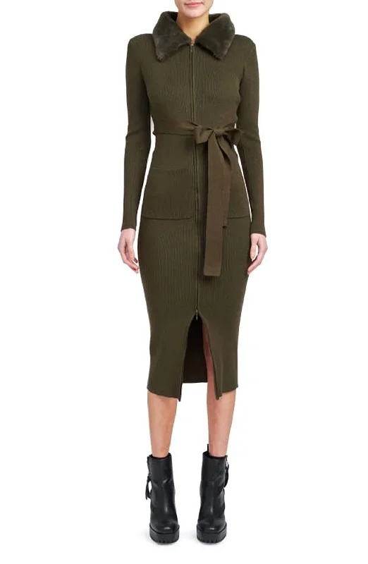 Long Sleeve Belted Midi Dress With Faux Fur Collar In Olive Comfortable Lace-Up Midi Dress