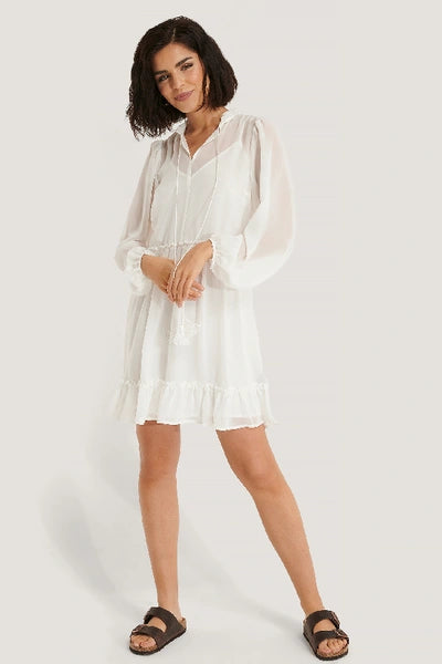 Long Sleeve Flowy Mini Dress White Elegant Mini Dress with Pleats