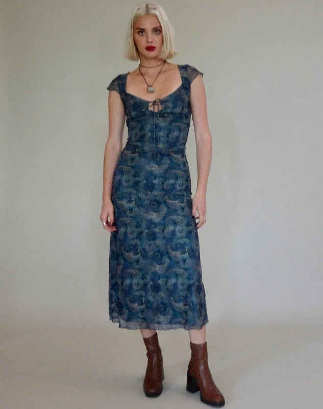 Lunama Mesh Midi Dress in Tonal Blue Paisley Elegant Satin Button Midi Dress