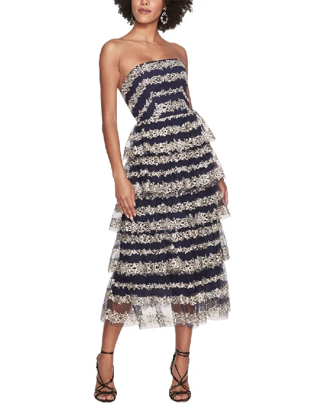 Marchesa Notte Tiered Midi Dress Stylish Off-Shoulder Ruffle Dress