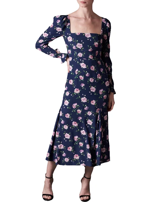 Marianne Womens Floral Puff Sleeve Midi Dress Trendy Off-Shoulder Ruffle Midi Dress