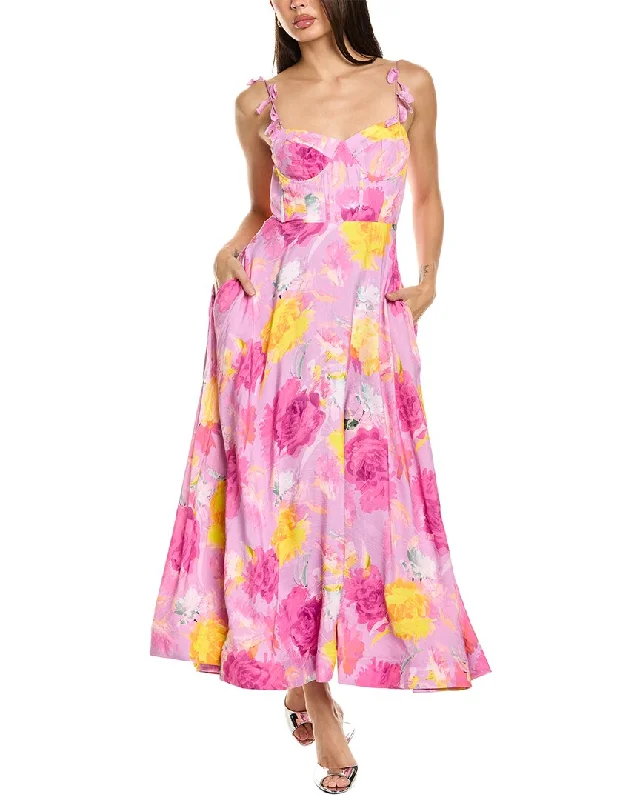 ML Monique Lhuillier Carmen Linen-Blend Midi Dress Elegant Floral Skirt Midi Dress