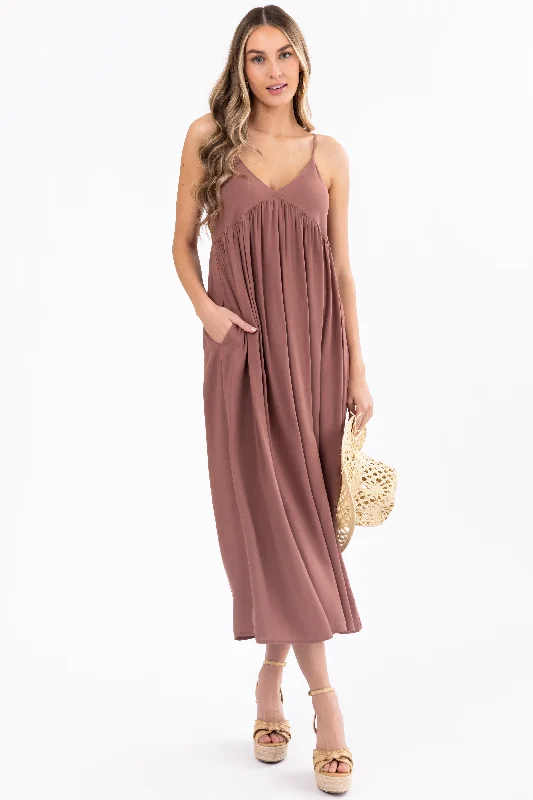 Mocha Woven Strapless Flowy Midi Dress Trendy Flared Sleeve Midi Dress