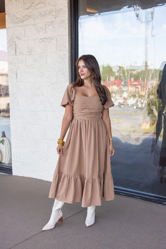 Autumn Story Mocha Midi Dress Trendy Fit-and-Flare Midi Dress