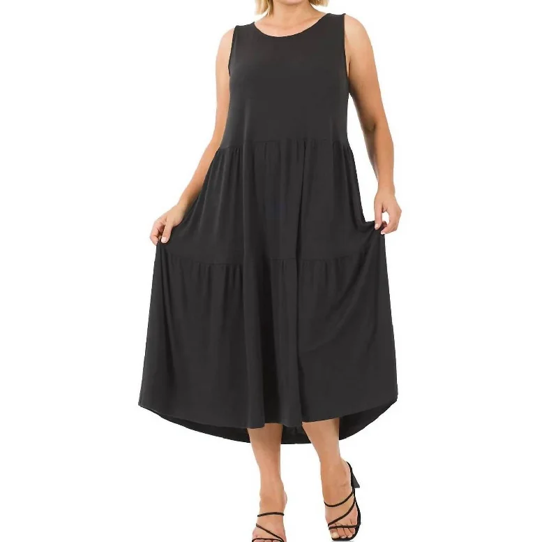 Monica Tiered Midi Dress In Black Stylish Cold Shoulder Midi Dress