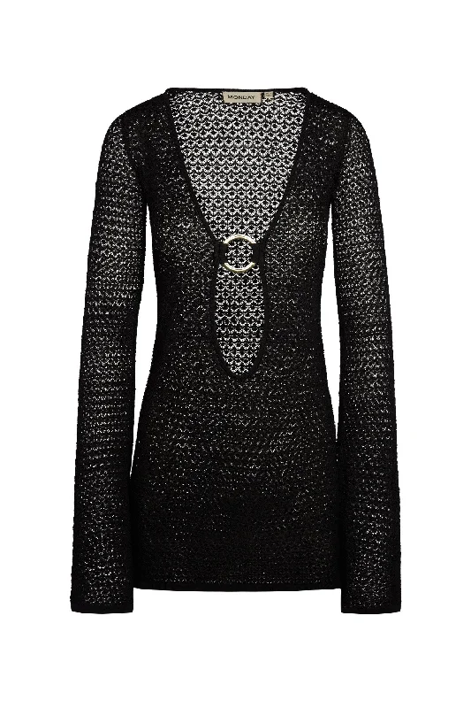 Montego Mini Dress - Black Lace Crochet Comfortable Zip-Up Mini Dress