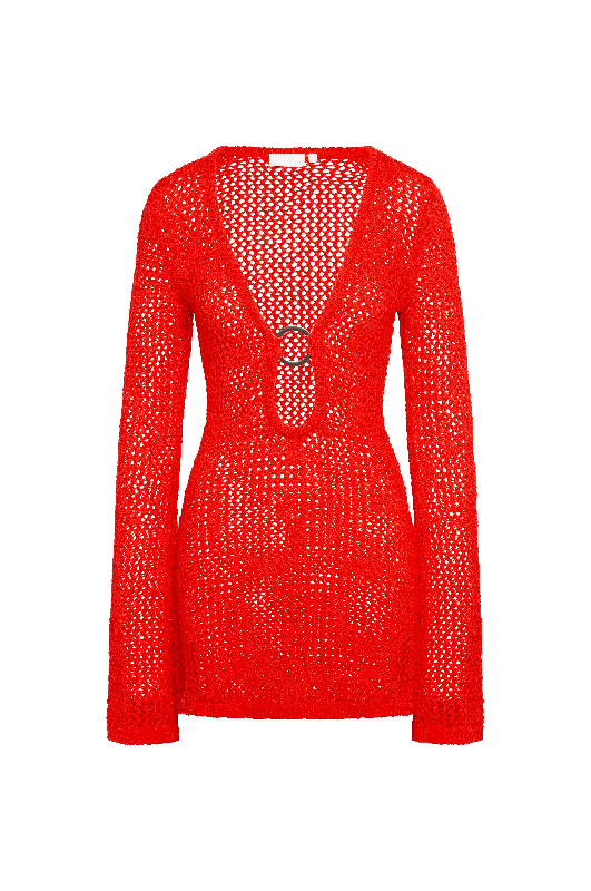 Montego Mini Dress - Chili Pepper Petit Crochet Cozy Long Sleeve Mini Dress