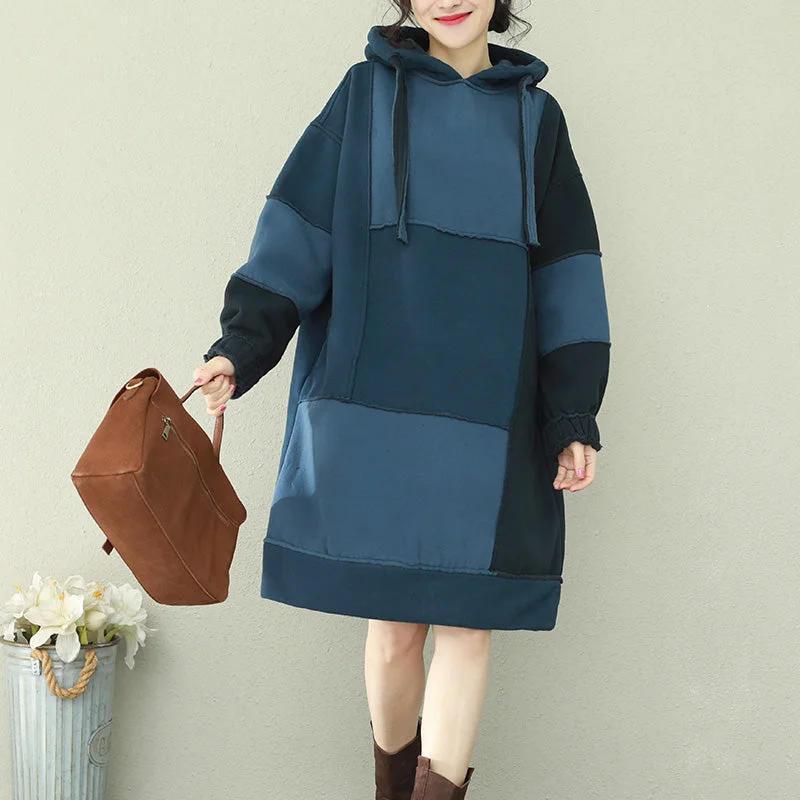 Natural patchwork hooded Cotton quilting dresses 2024 blue Midi Dress Trendy Flared Sleeve Midi Dress