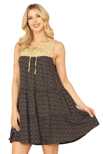 Navy Multi Sleeveless Keyhole Tie Babydoll Printed Mini Dress -  Pack of 6 Fashionable Pleated Mini Dress