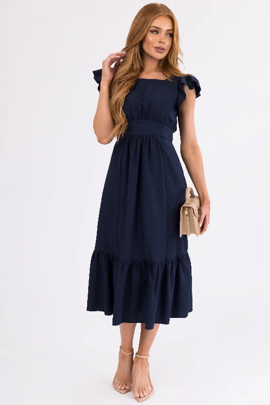 Navy Open Back Ruffle Short Sleeve Midi Dress Fashionable Casual Midi Dress