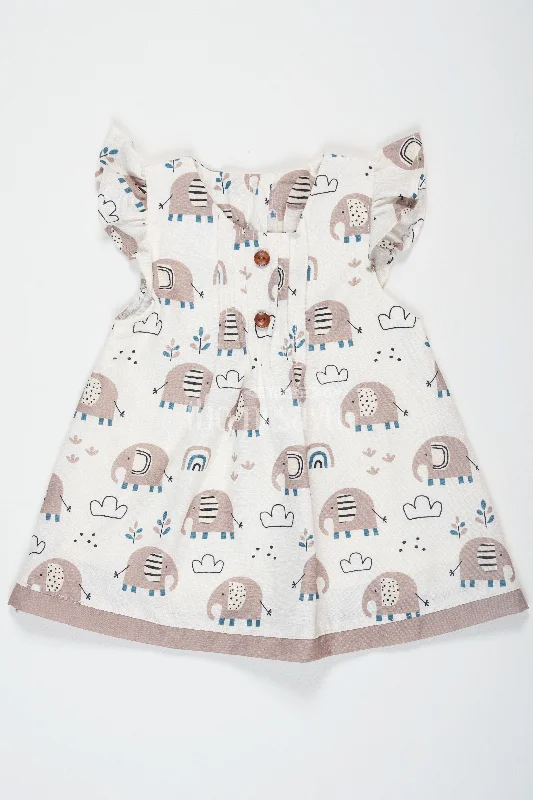 Brown Elephant Print Baby Cotton Mini Dress with Ruffled Sleeves for Girls Fashionable Mini Dress with Slits