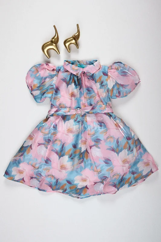 Girls Pastel Floral Fancy Mini Dress with Puffed Sleeves and Belted Waist for Summer Parties Cozy Wraparound Mini Dress