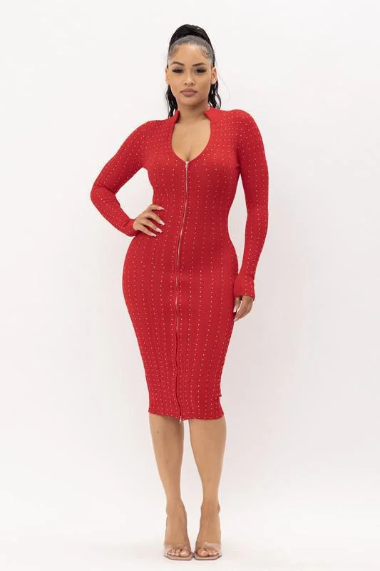 Rhinestone Zip Up Midi Dress Cozy A-Line Midi Dress