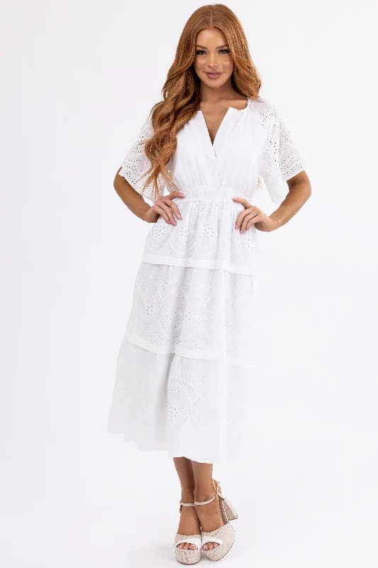 Off White Eyelet Detailed Tiered Midi Dress Fashionable High-Low Midi Dress