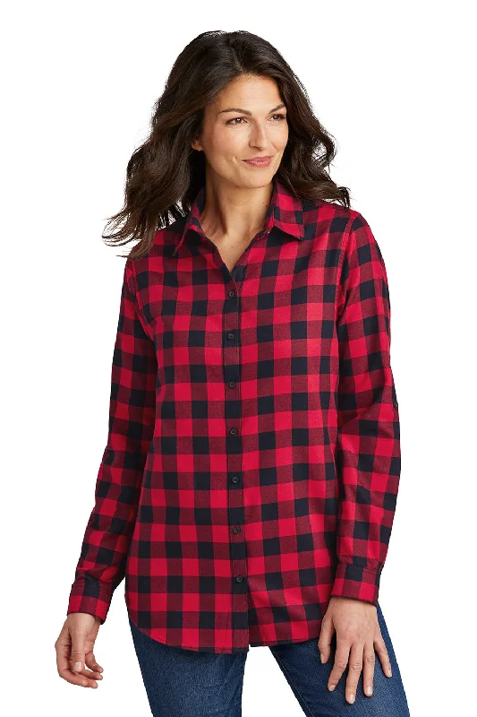 Port Authority Womens Flannel Long Sleeve Button Down Shirt - Red/Black Buffalo Casual Short Sleeve Top