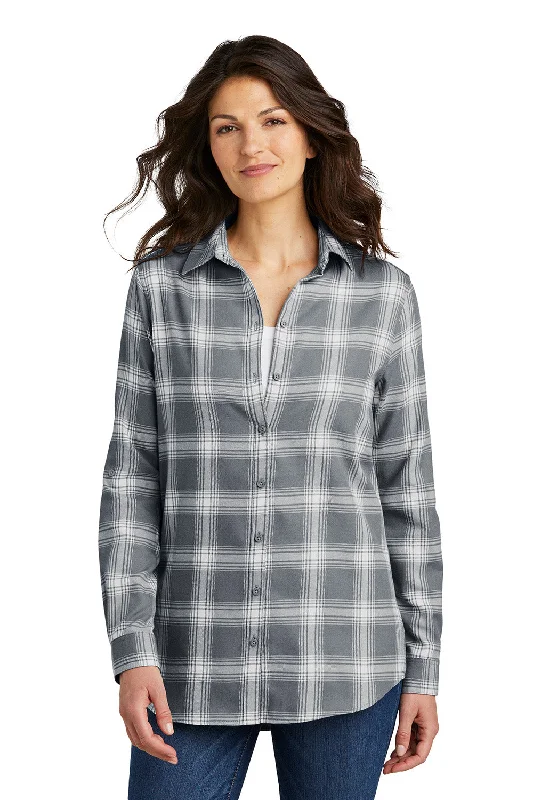 Port Authority Womens Flannel Long Sleeve Button Down Shirt - Grey/Cream Open Plaid - NEW Comfortable Peplum Short Shirt