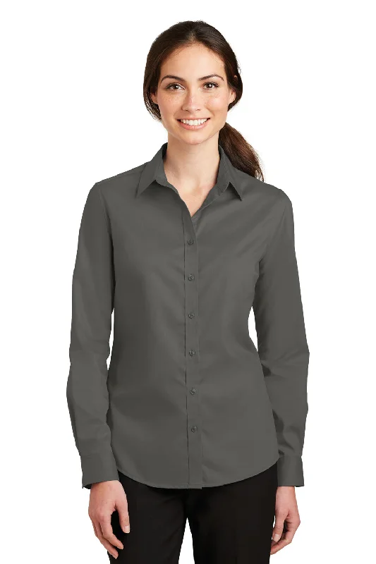 Port Authority Womens SuperPro Wrinkle Resistant Long Sleeve Button Down Shirt - Sterling Grey Cozy Striped Short Sleeve