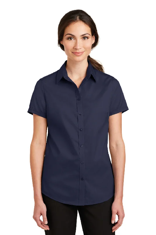 Port Authority Womens SuperPro Wrinkle Resistant Short Sleeve Button Down Shirt - True Navy Blue Stylish Round Neck Shirt