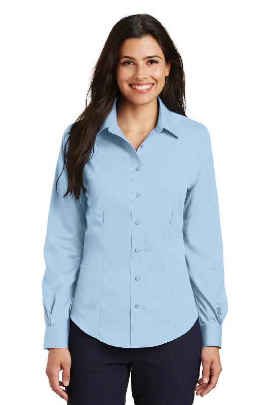 Port Authority Womens Wrinkle Resistant Long Sleeve Button Down Shirt - Sky Blue - Closeout Relaxed Cotton Short Shirt