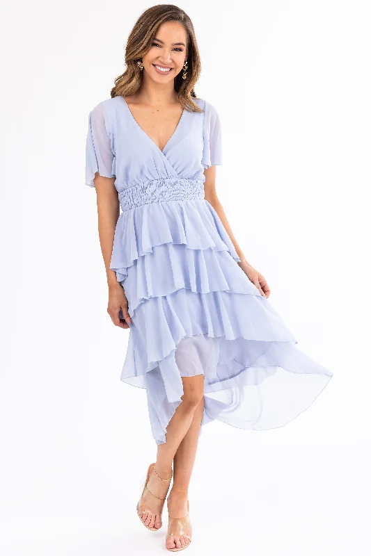 Powder Blue Ruffle High Low Midi Dress Trendy A-Line Midi Dress