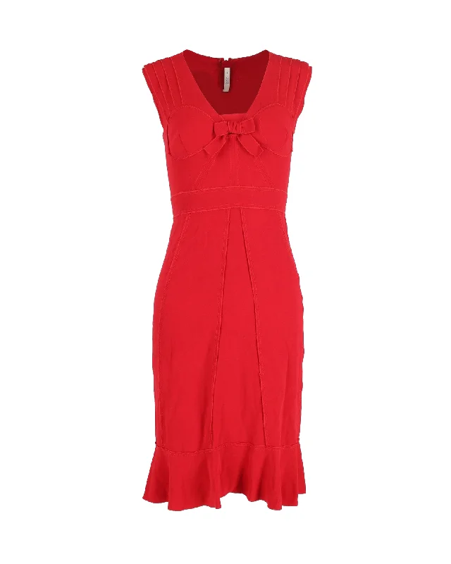 Prada V-neck Bow Midi Dress in Red Acetate Elegant Satin Slip Midi Dress