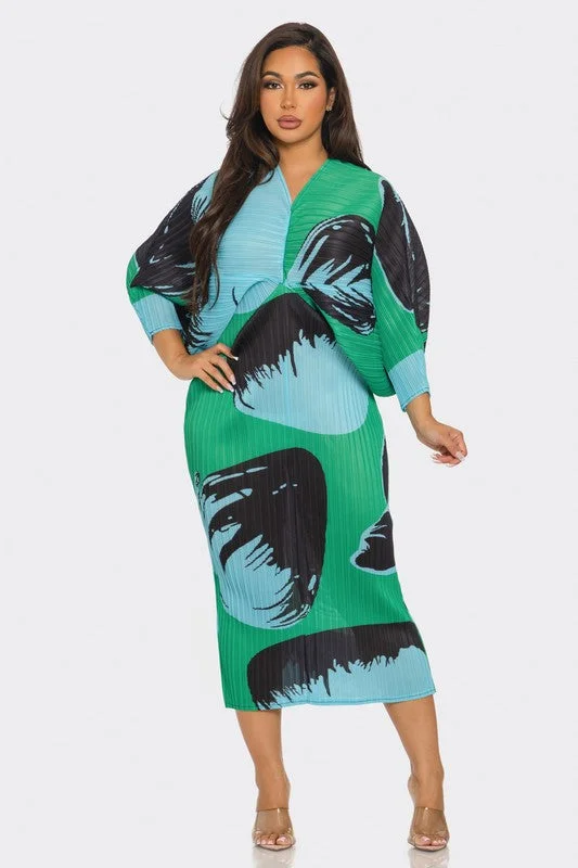 Printed Midi Dress (Green) Elegant Floral Skirt Midi Dress