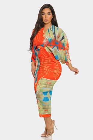 Printed Midi Dress (Orange) Trendy Fit-and-Flare Midi Dress