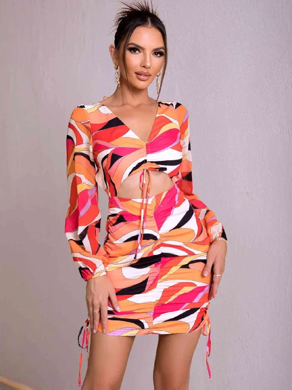 Printed Open Back Cutout Drawstring Mini Dress Stylish Sweetheart Mini Dress