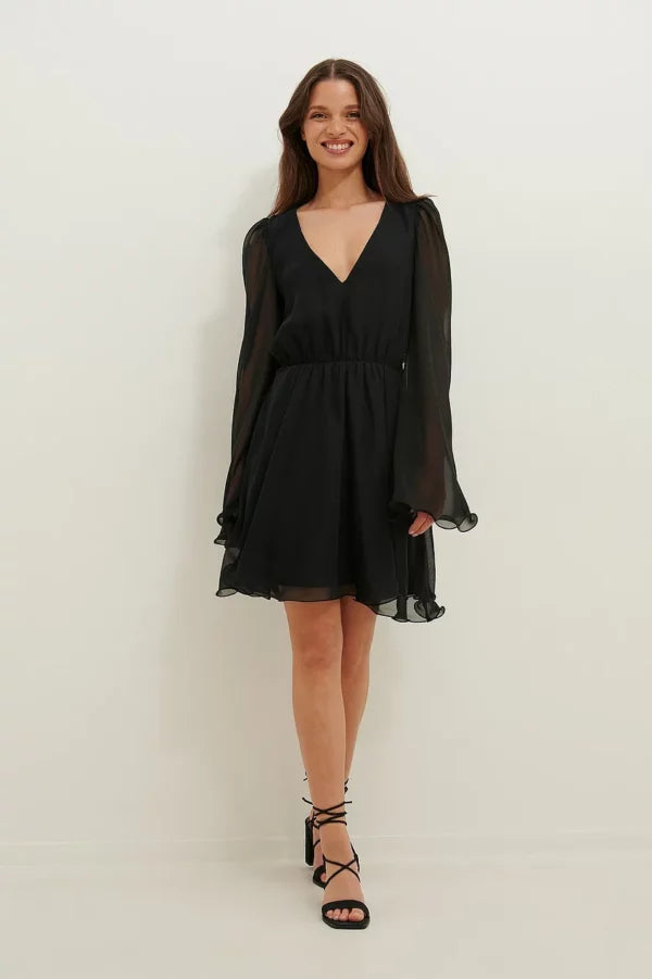 Recycled Wide Sleeve Chiffon Mini Dress Black Fashionable Off-Shoulder Mini Dress