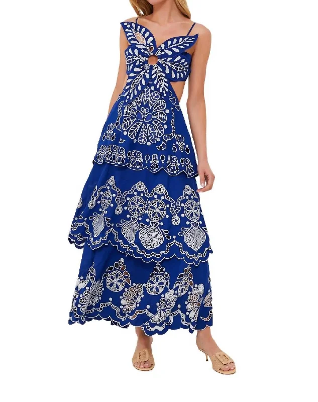 Richelieu Linen Midi Dress In Blue Flower Comfortable Stretch Midi Dress