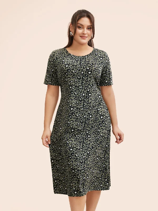 Round Neck Leopard Print Midi Dress Comfortable Floral Print Midi Dress