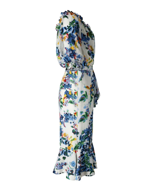 Saloni Olivia Midi Dress in Floral Print Silk Comfortable Denim Midi Dress