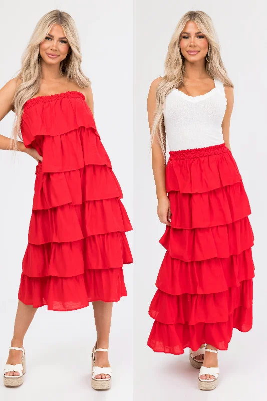 Scarlet Ruffle Convertible Maxi Skirt Midi Dress Cozy Wide Strap Midi Dress