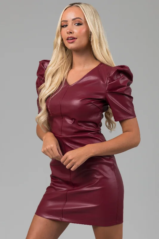 She+Sky Maroon Faux Leather Puff Sleeve Mini Dress Fashionable Off-Shoulder Mini Dress