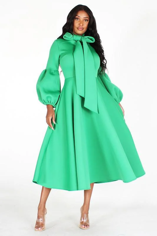 Solid Bow Tie, Puff Sleeve, Midi Dress Fashionable Off-Shoulder Dress Midi