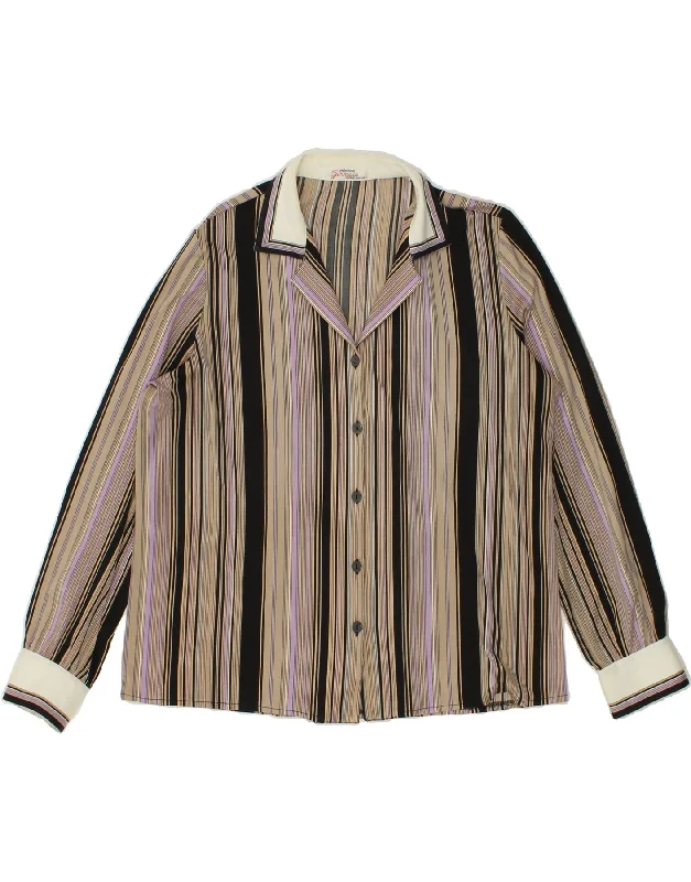 ST. GERMAIN Womens Shirt UK 16 Large Beige Striped Chic V-Neck Short Blouse