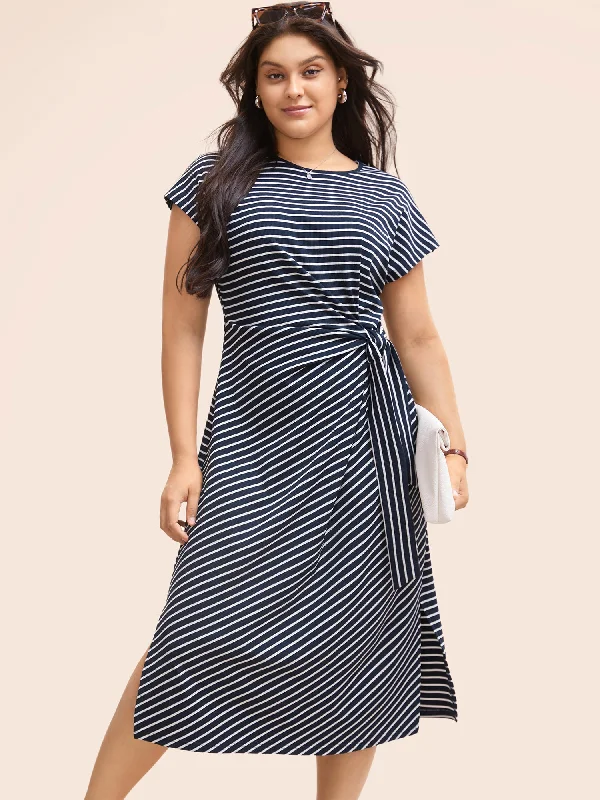 Striped Split Side Cap Sleeve Midi Dress Chic Off-Shoulder Midi Dress